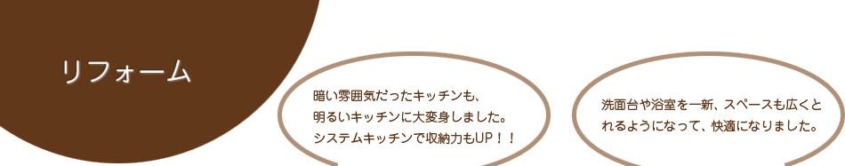 リフォーム　暗い雰囲気だったキッチンも、明るいキッチンに大変身しました。システムキッチンで収納力もUP！！洗面台や浴室を一新、スペースも広くとれるようになって、快適になりました。